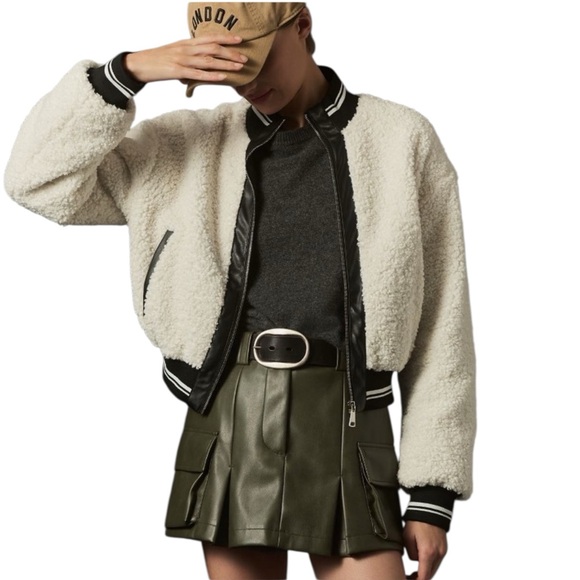 Avec Les Filles Jackets & Blazers - Avec Les Filles Sherpa Fleece Varsity Bomber Jacket NWT